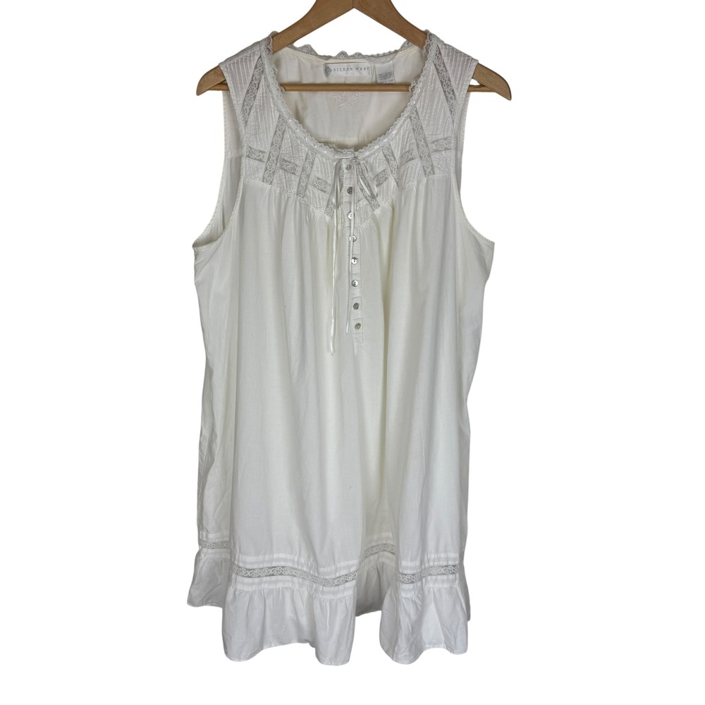 Eileen West White Cotton Lace Pintuck Sleeveless Nightgown Ruffle Hem XL
